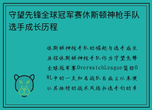 守望先锋全球冠军赛休斯顿神枪手队选手成长历程