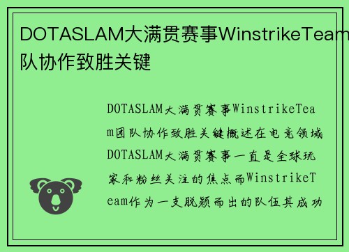 DOTASLAM大满贯赛事WinstrikeTeam团队协作致胜关键