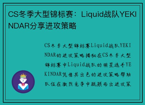 CS冬季大型锦标赛：Liquid战队YEKINDAR分享进攻策略
