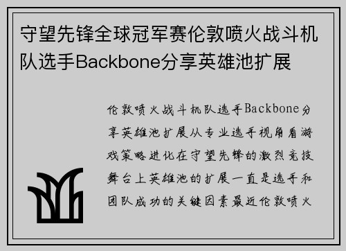 守望先锋全球冠军赛伦敦喷火战斗机队选手Backbone分享英雄池扩展